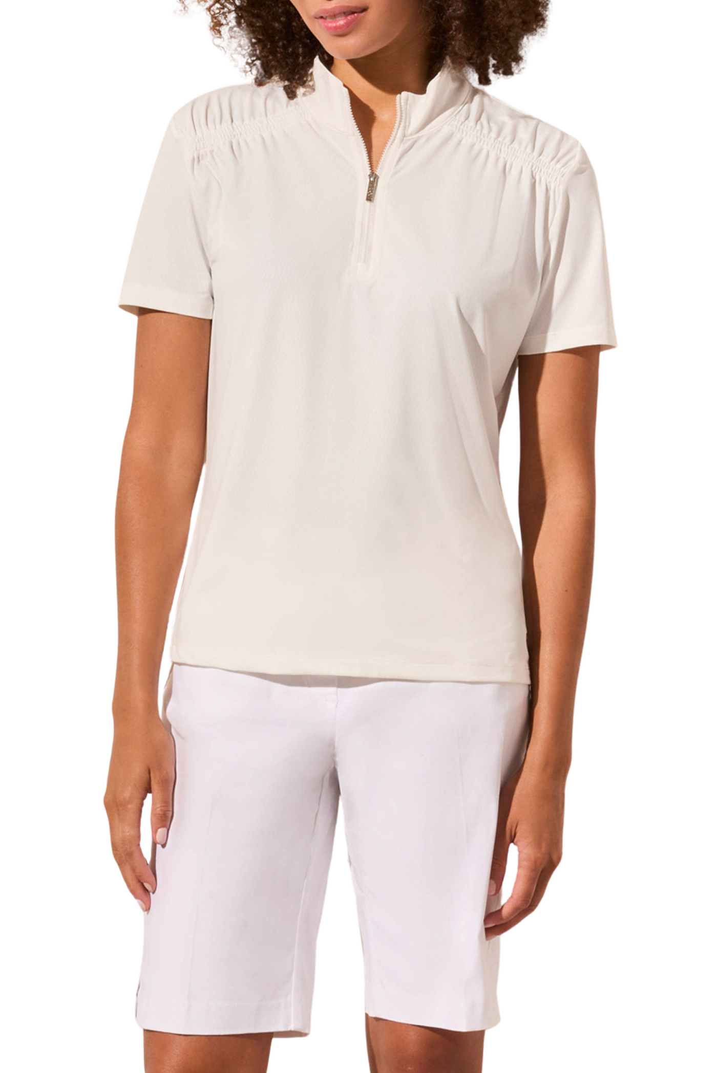 Pointelle Knit Zip Front Mock