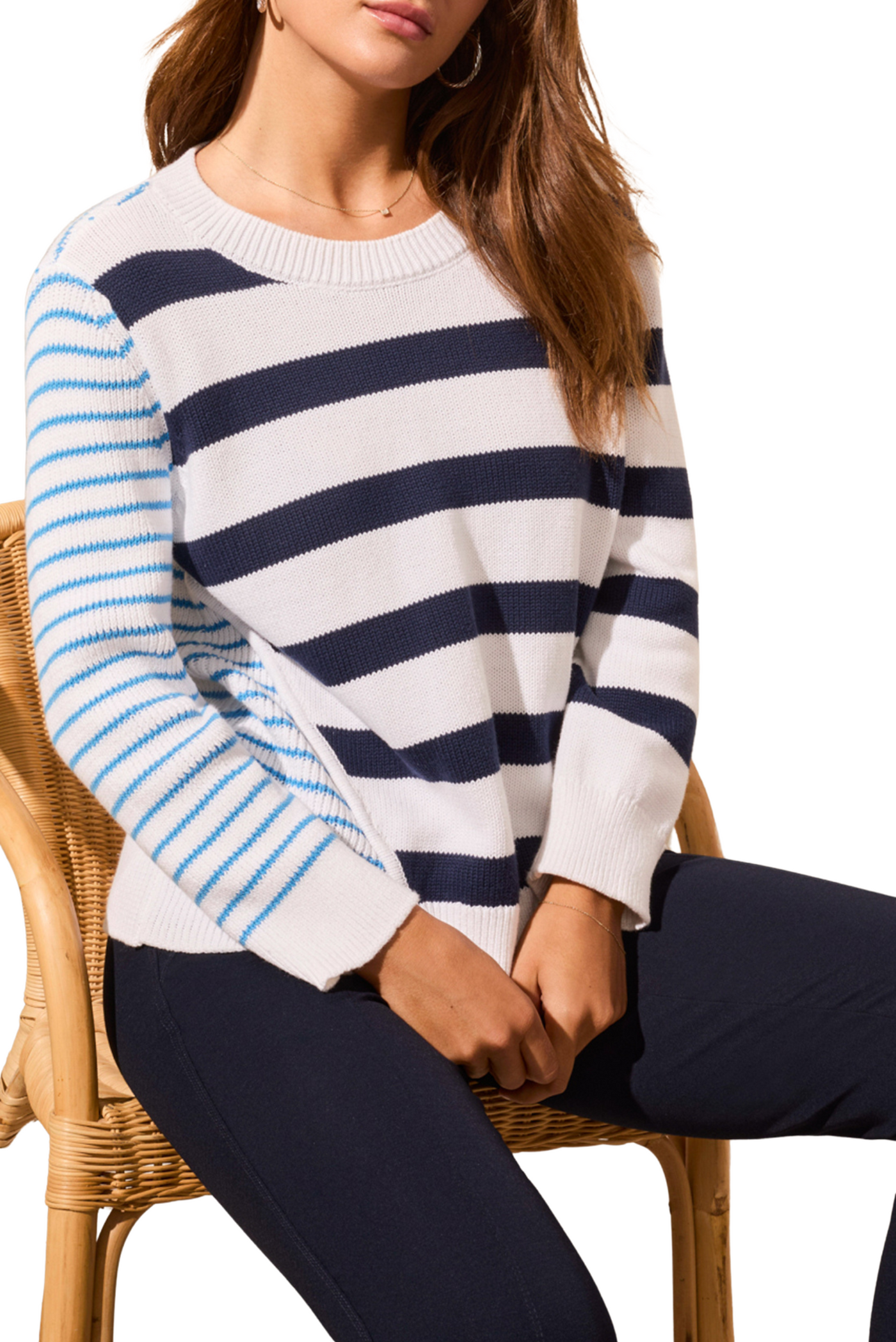Striped Contrast-Side Crew Neck Sweater