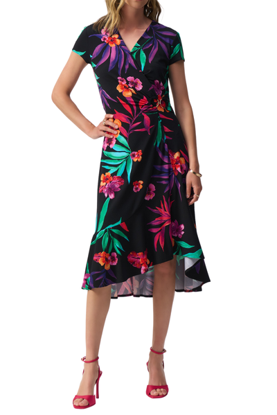Silky Knit Tropical Print Wrap Dress