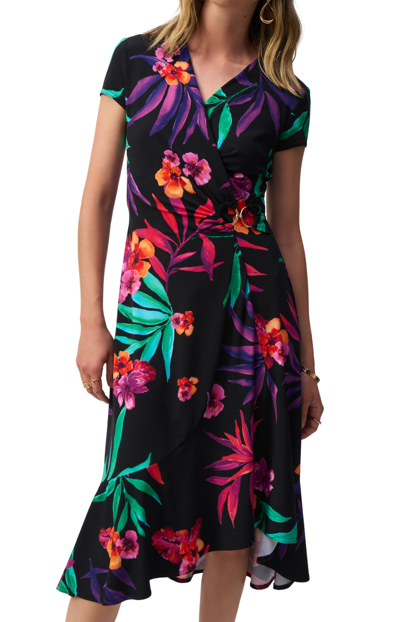 Silky Knit Tropical Print Wrap Dress