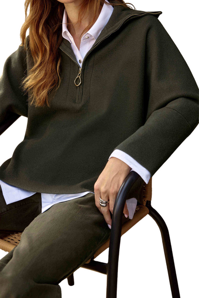 Sweater Knit Boxy Pullover With Zipped Collar