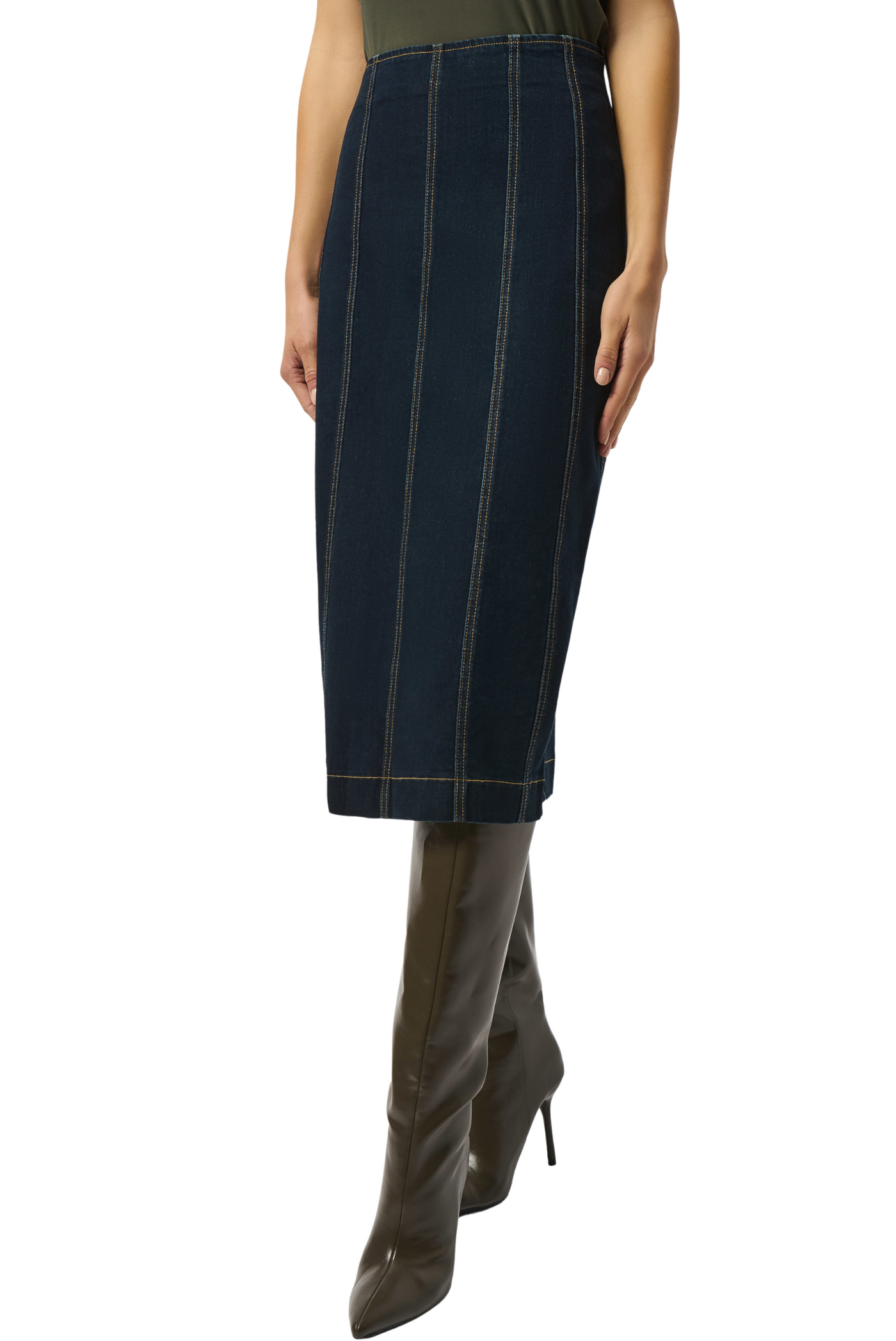 Stretch Denim Panelled Pencil Skirt