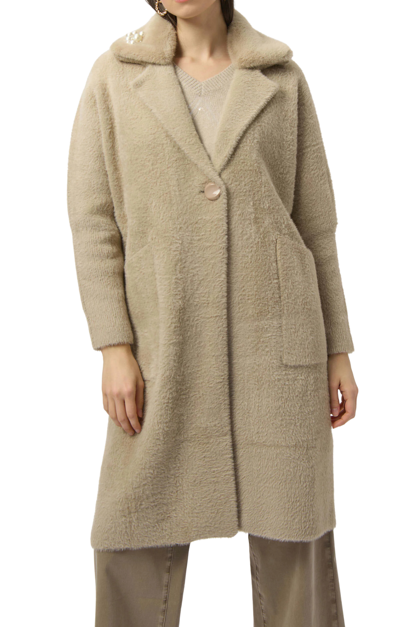 Feather Yarn and Faux Fur Sweater Coat