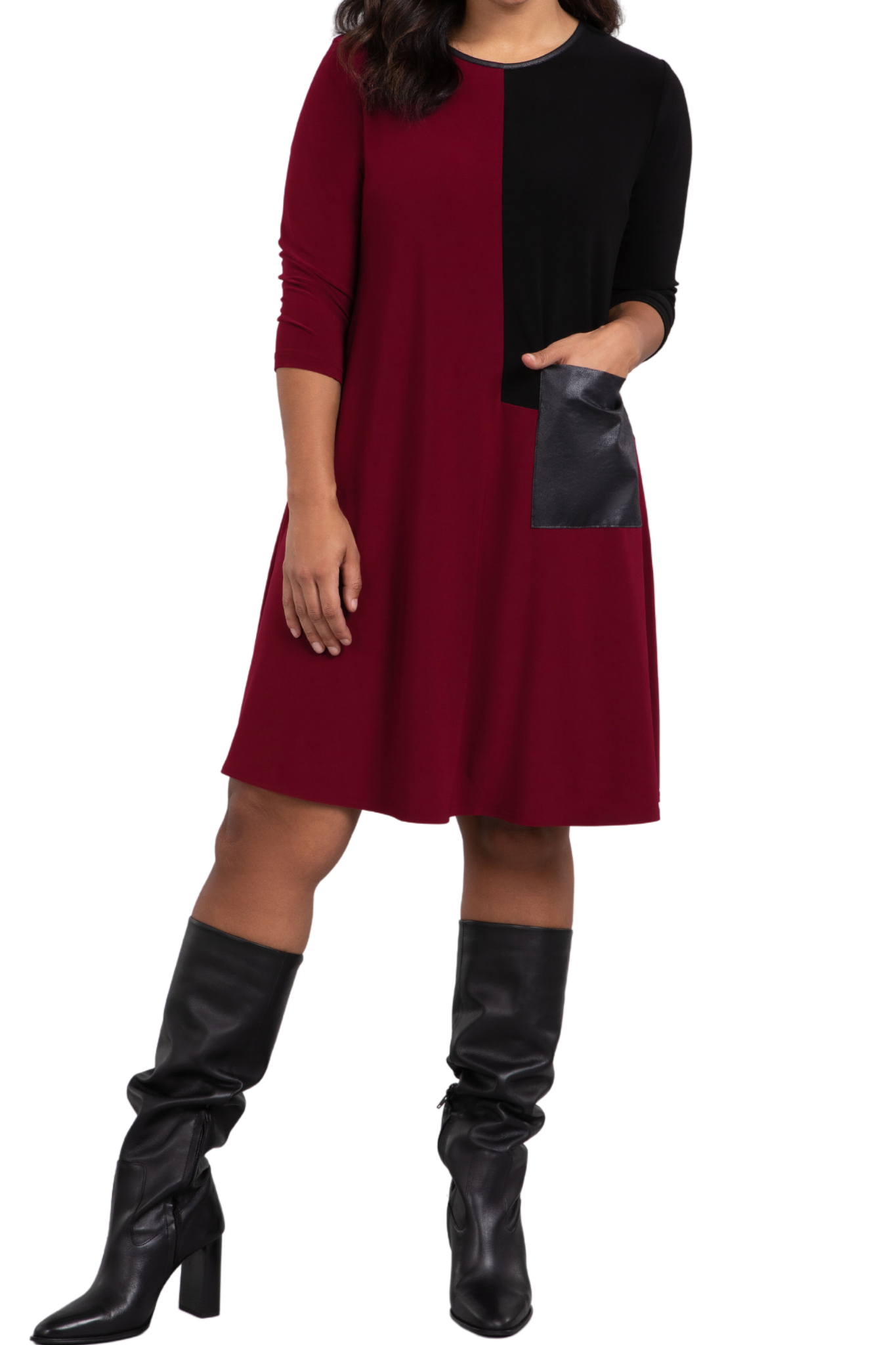 Colour Block Patch Pocket 3/4 Sleeve Dress