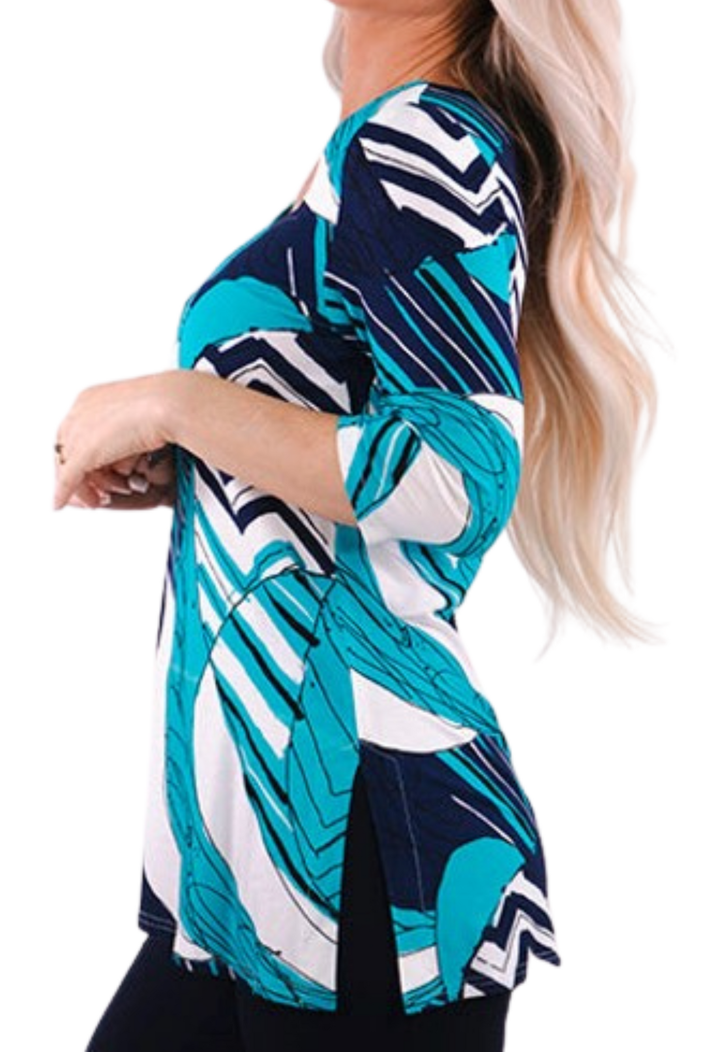 Navy-Aqua Printed 3/4 Top